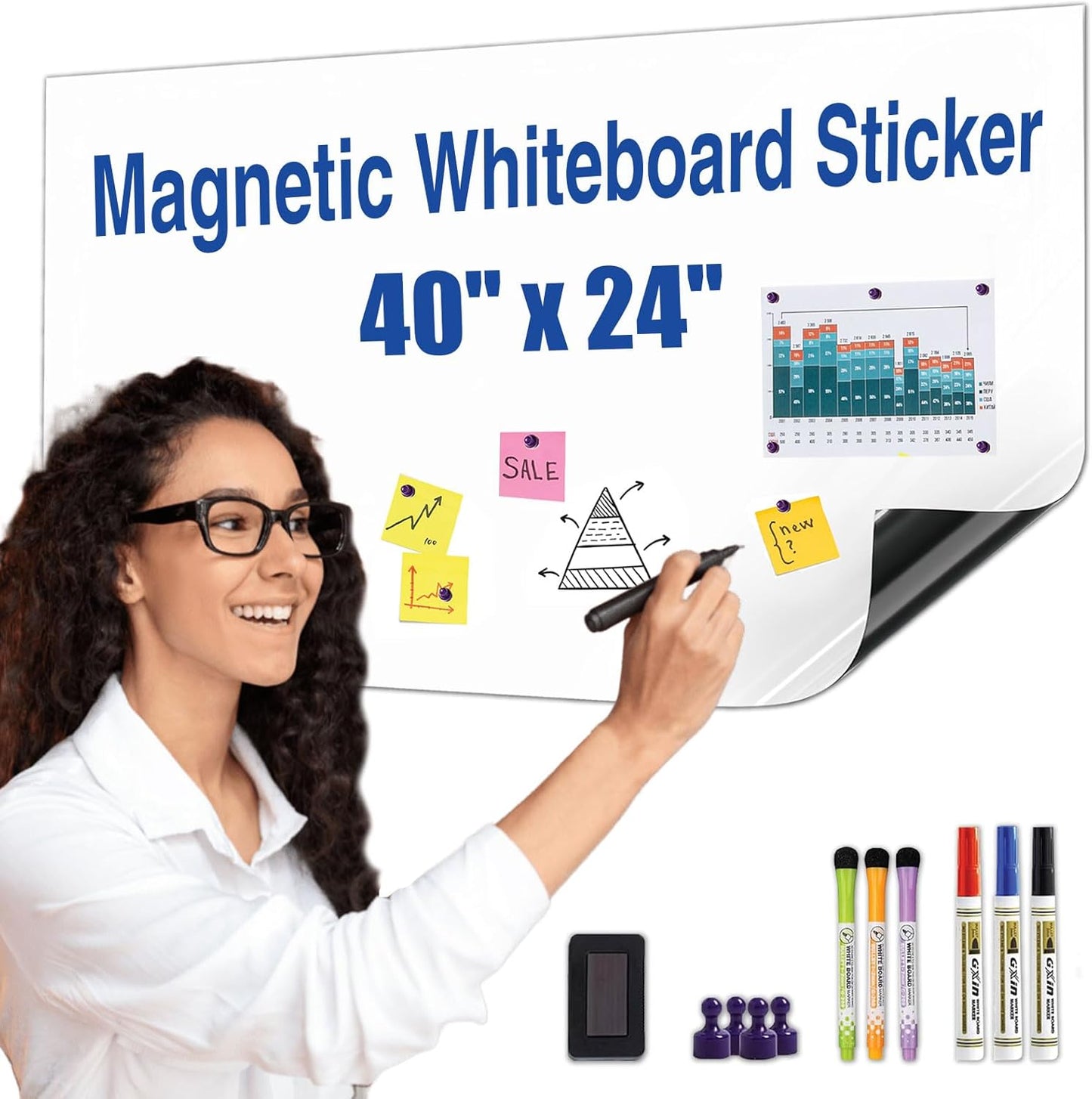 Magnetic Whiteboard Sticker - Adhesive Backing 40'' x 24'' Dry Erase Board for Wall Whiteboard Contact Paper for Office Home