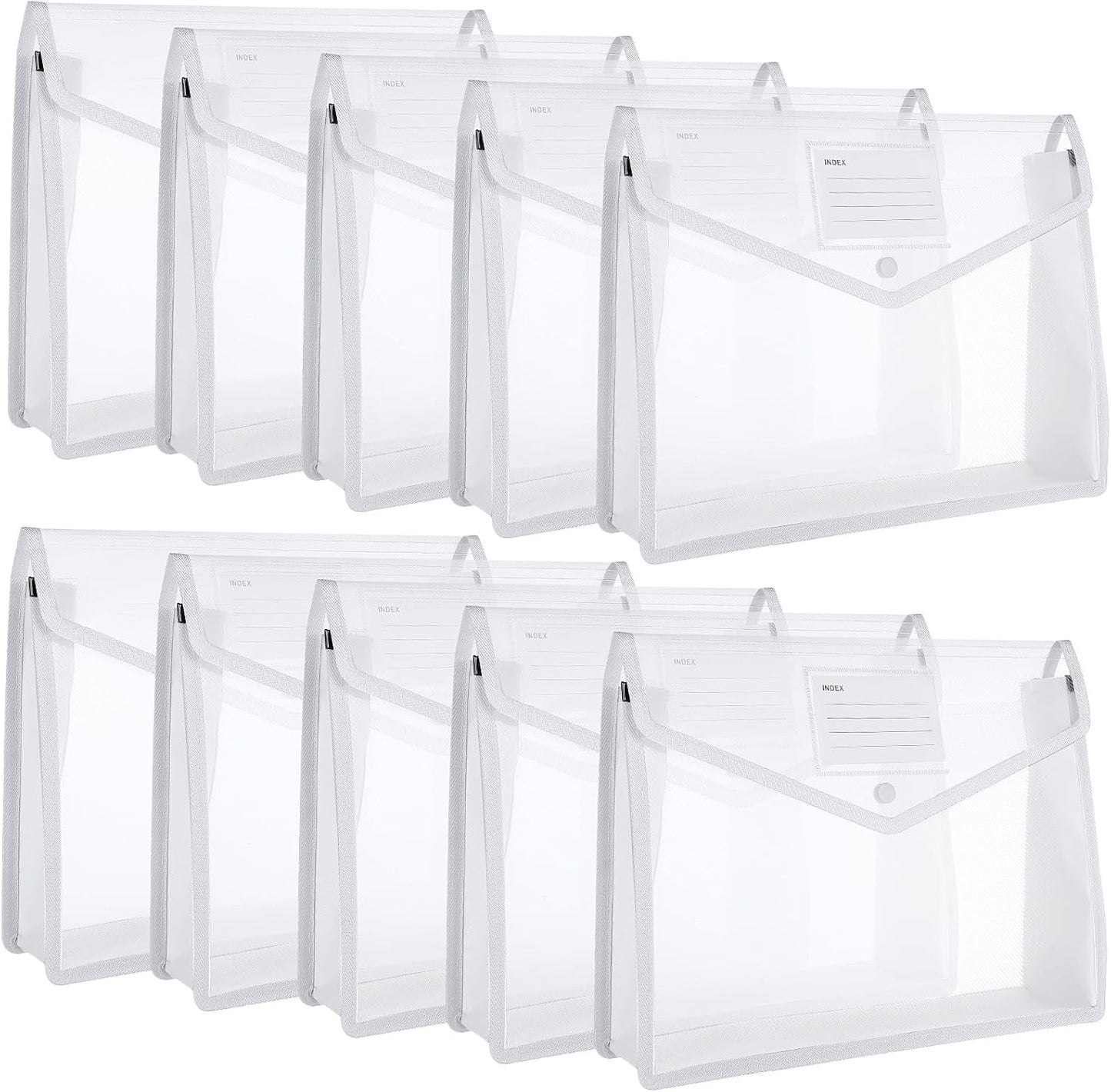 10 Pieces Plastic File Folders Envelope Expanding File Wallet Organizer Documents Folder with Snap Closure and Pocket, A4 Size Waterproof Transparent Pouch(White,Horizontal)