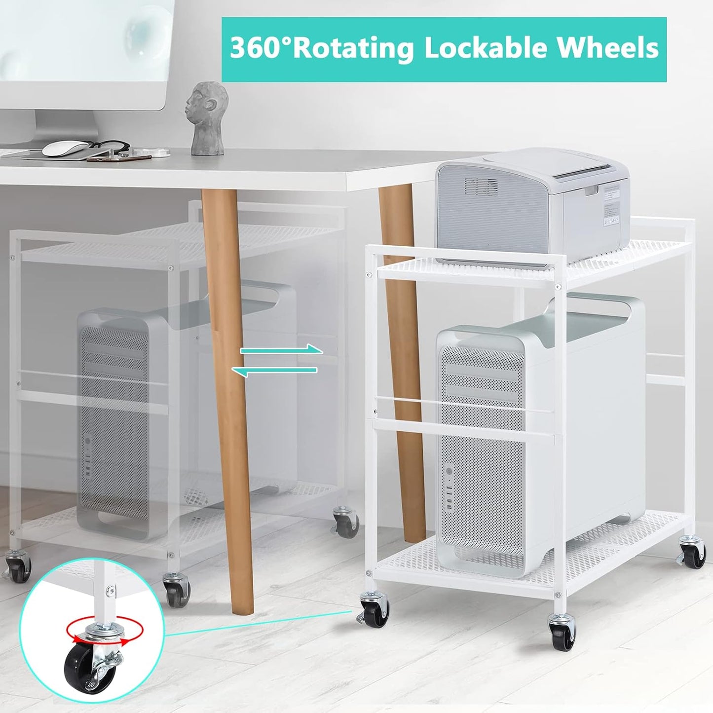 YBING Computer Tower Stand White PC Tower Stand 2 Tier CPU Holder with Wheels Metal Mobile Computer Tower Cart Rolling PC Cart Floor for Fax Home Office