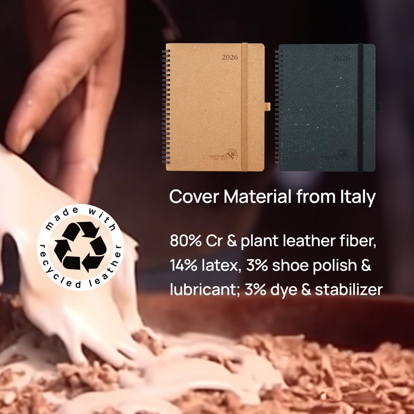 POPRUN 2026 Planner - 2026 Recycled Weekly Planner [Italian Regenrated Leather - Medium Size 6.5'' x 8.5''] - 2026 Weekly Planner with Hourly Schedule, Monthly Tabs-26-WERO7-BGY - Black Grey