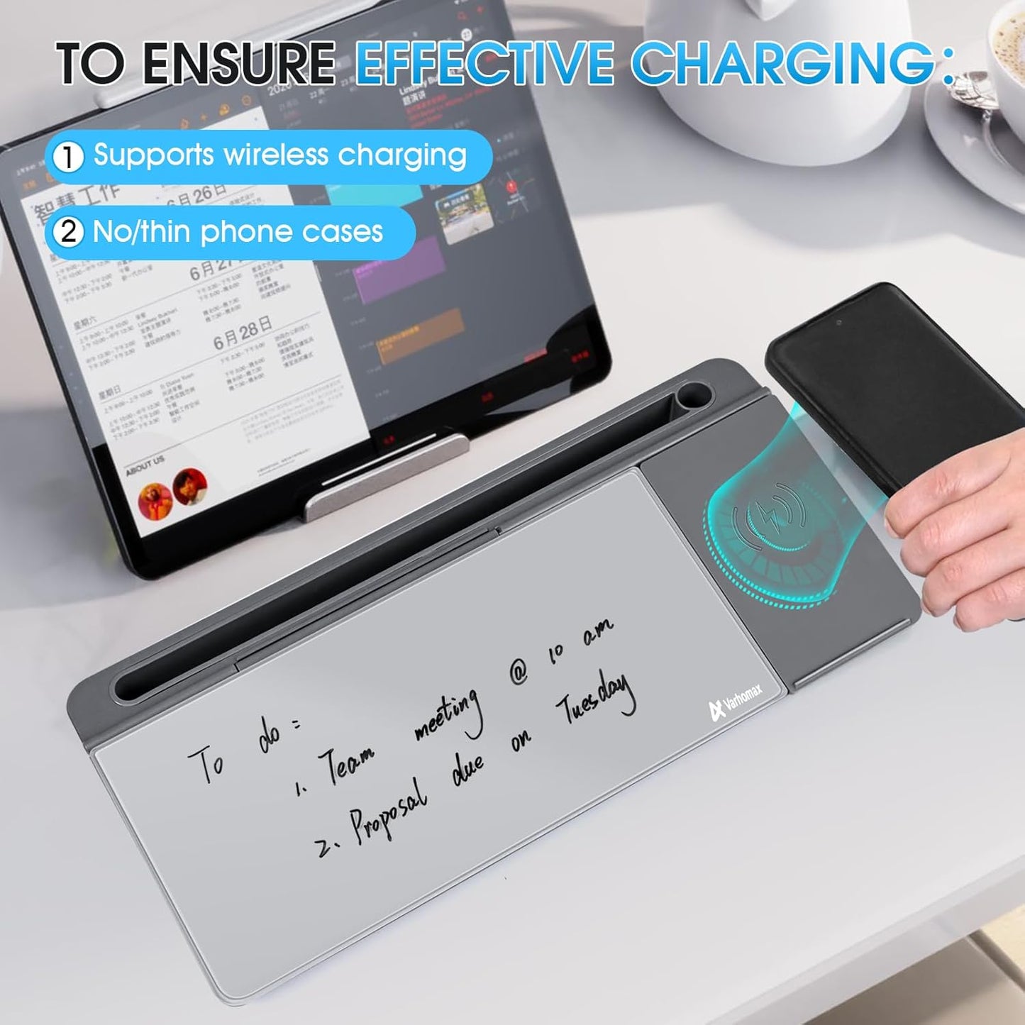 Varhomax Glass Desk Whiteboard with Wireless Charger, Desktop Dry Erase White Board with Storage, to Do List Memo Notepad for Home and Office (Gray)
