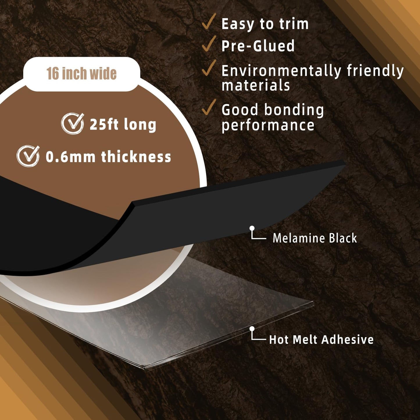 GSCIT Club Black Wood Veneer, 16 inch x 25ft Wood Edge Banding Pre-glued Flexible, Veneer Sheets Tape Banding for Cabinet Repair Furniture