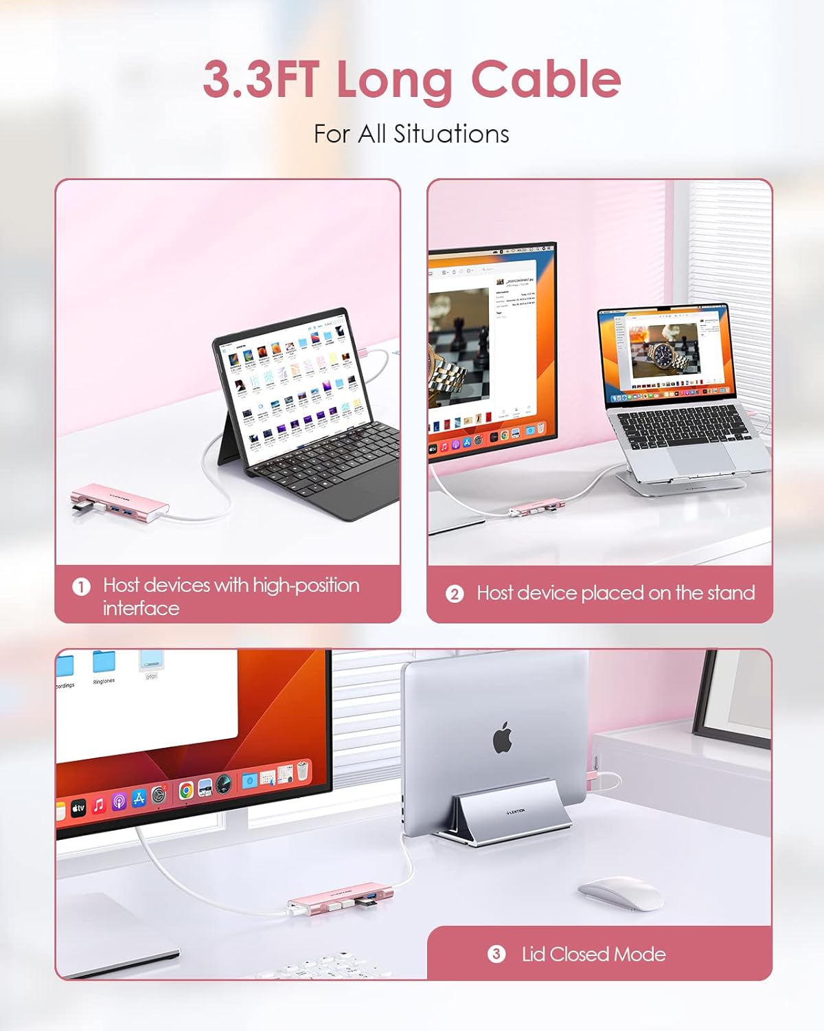 LENTION 3.3FT Long Cable USB C Multiport Hub with 4K HDMI, 4 USB 3.0, Type C Charging Compatible 2023-2016 MacBook Pro, New Mac Air/iMac/Mac Mini, More, Stable Driver Adapter (C35-1M, Rose Gold)