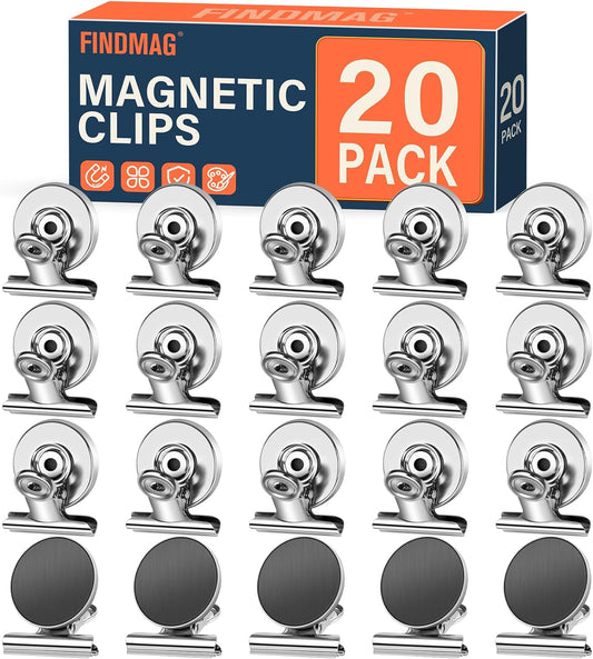 FINDMAG 20 Pack Magnetic Clips Fridge Magnets, Heavy Duty Refrigerator Magnet Clips Whiteboard Magnet, Strong Clips Magnets Scratch Free Metal Magnet Clips for Fridge, Whiteboard, Kitchen, Office