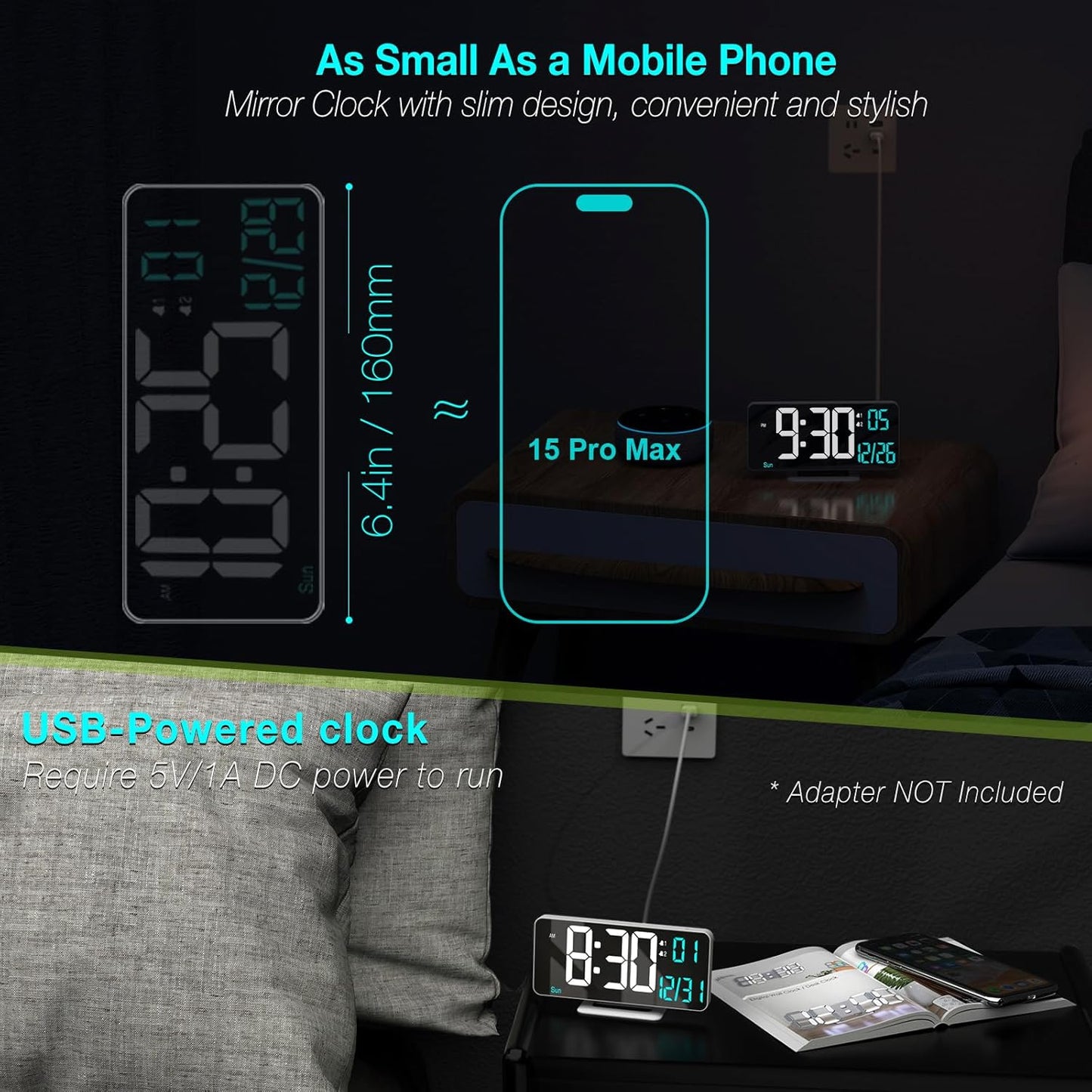 KOSUMOSU Digital LED Clocks for Bedrooms 6.7in White Alarm Clock, Dimming, 12/24h, Date, Day of Week,Temp,Desk Clock, LED Clock for Bedside, Digital Calendar Clocks for Living Room Essentials