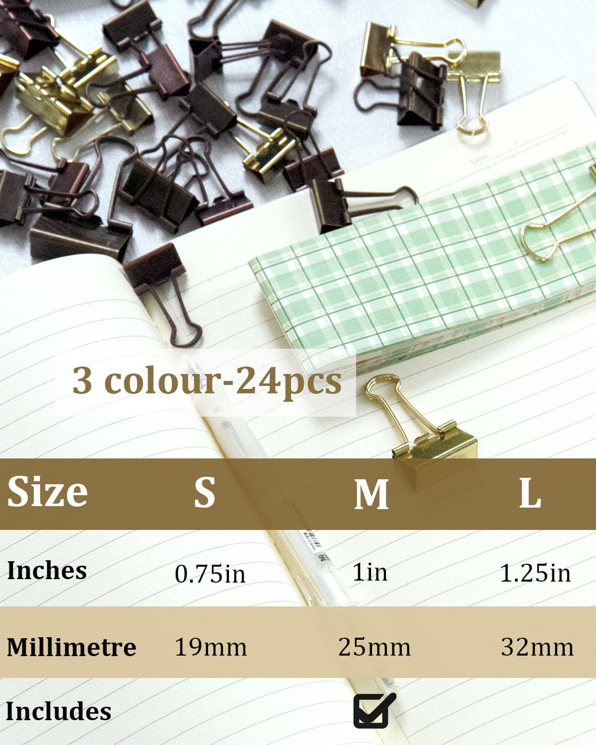 Standard Binder Clips 1in 24-Pack - Bronze Office Clips for Documents & Crafts