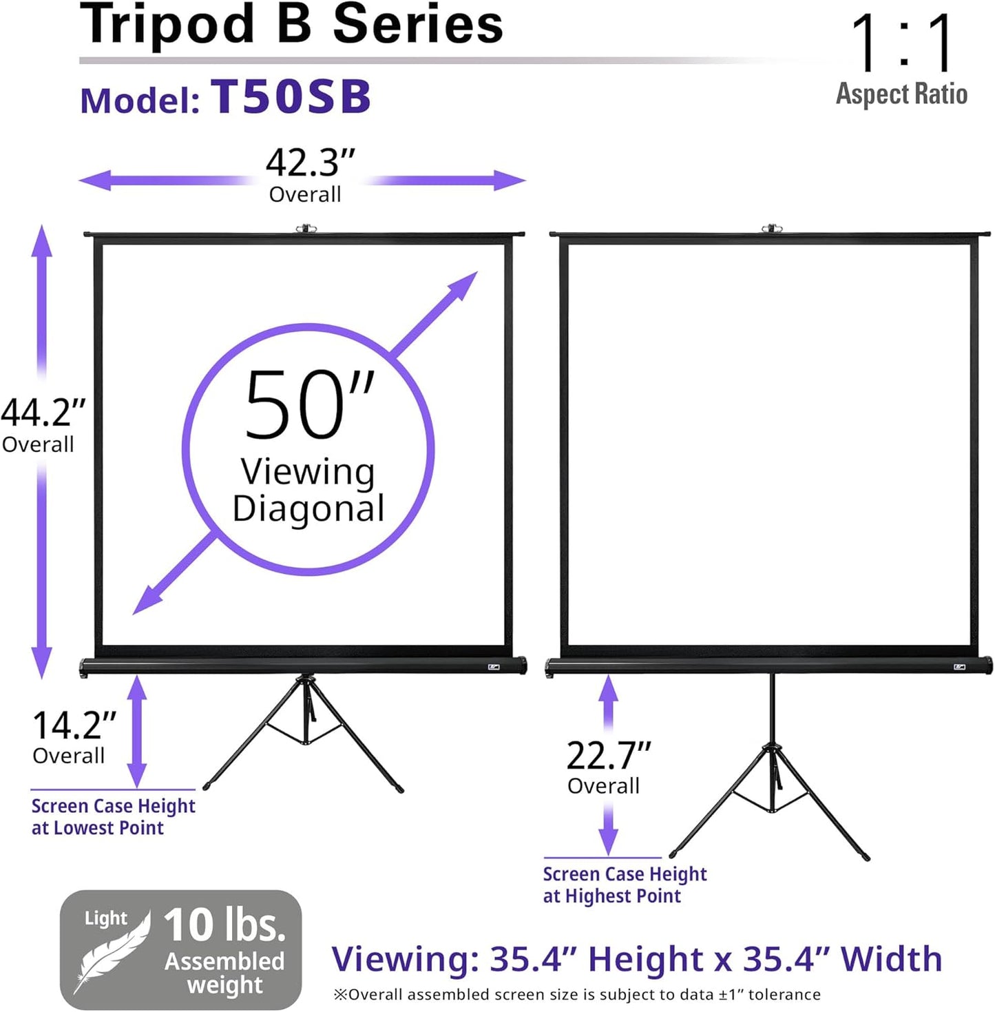 Elite Screens Tripod B, 50-INCH 1:1, Lightweight Pull Up Foldable Stand, Manual, Movie Home Theater Projector Screen, 4K / 8K Ultra HDR 3D Ready, US Based Company 2-YEAR WARRANTY, T50SB - Black
