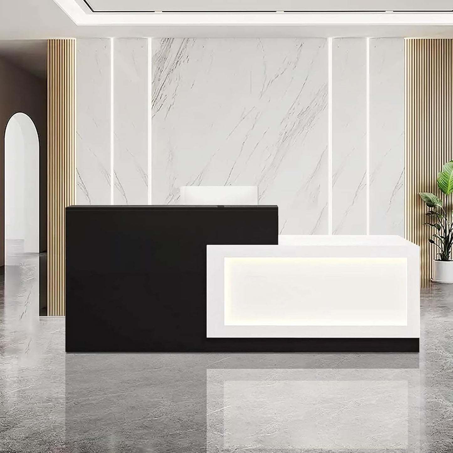 Modern Reception Desk with Counter and Drawer Office Front Desk with Cabinet Wooden Commercial Reception Table Checkout Counter for Retail Salon Lobby Black and White Right 71inch/180cm