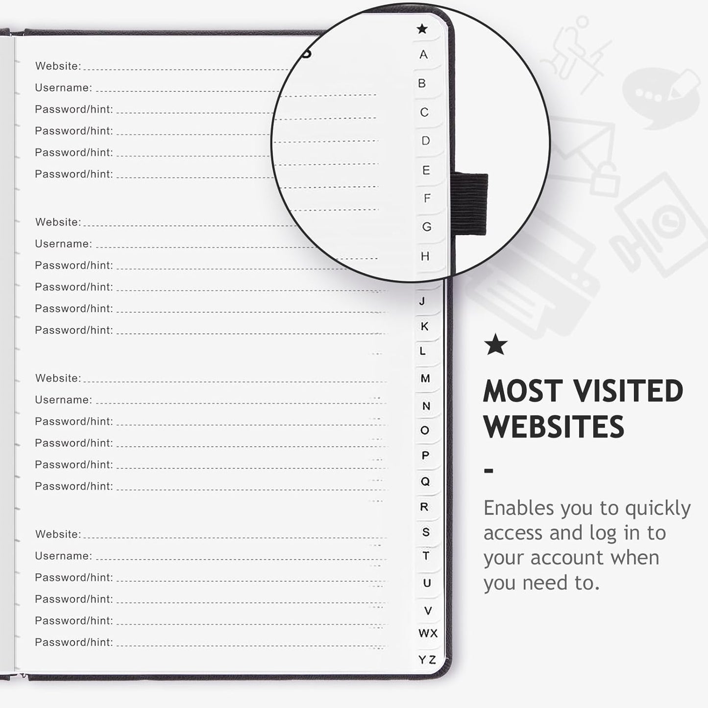 JUBTIC Password Book with Individual Alphabetical Tabs, 7"x10" Internet Password Keeper Book for Seniors, Password Notebook and Organizer/Notes Section, Black