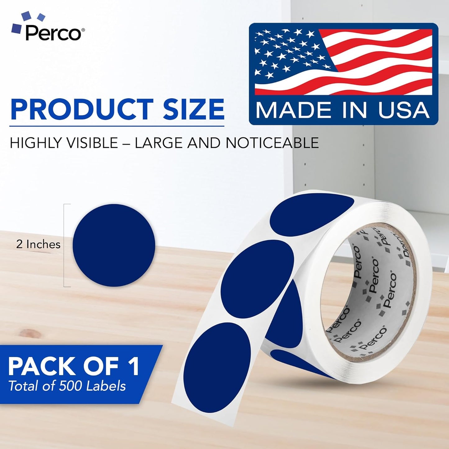 Perco Dark Blue 2-Inch Round Circle Dot Sticker Labels with Easy Peel Perforation - 500 Labels per Roll - Strong Adhesion, Vibrant Colors for Organizing, Crafting & More - Made in USA