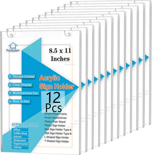 PecMuikee Acrylic Sign Holder 8.5x11, Wall Mount Acrylic Sign Holder and Plastic Paper Display Ad Frame bonus with 3M Tape and Mounting Screws for Restaurants, Office, Market, Library, Store, 12 Pcs