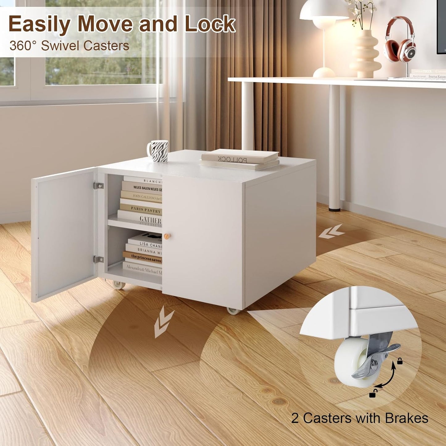 Under Desk Printer Stand with Wheels, Low Printer Stand Storage, Filing Cabinet with Paper Storage Shelf, File Carts with 2 Doors, Mobile Printer Holder for Home Office, School, White