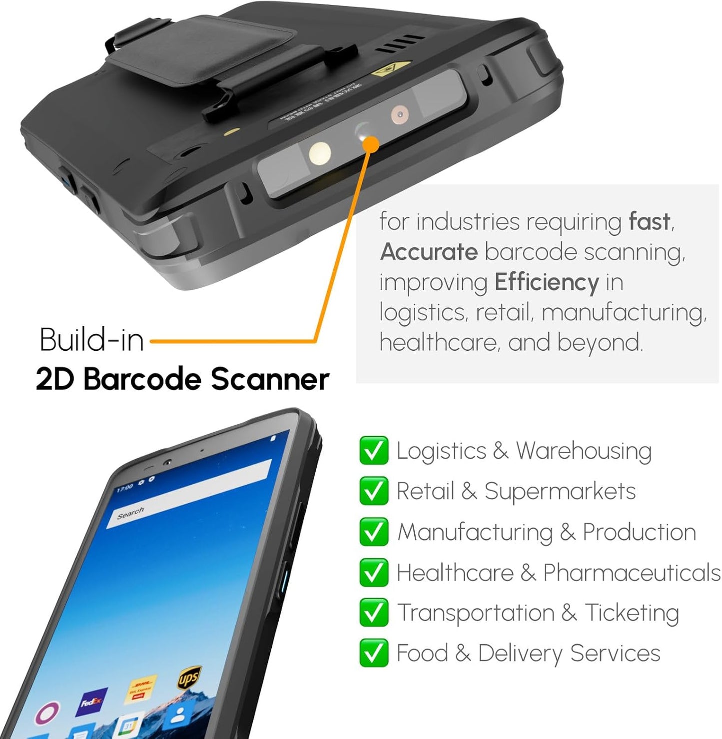 Rayoungtek Rugged Android Barcode Scanner Handheld Mobile Computer 1D 2D QR Code NFC Reader IP66 4G WiFi 6.0" Touch Screen for Inventory Retail Logistics