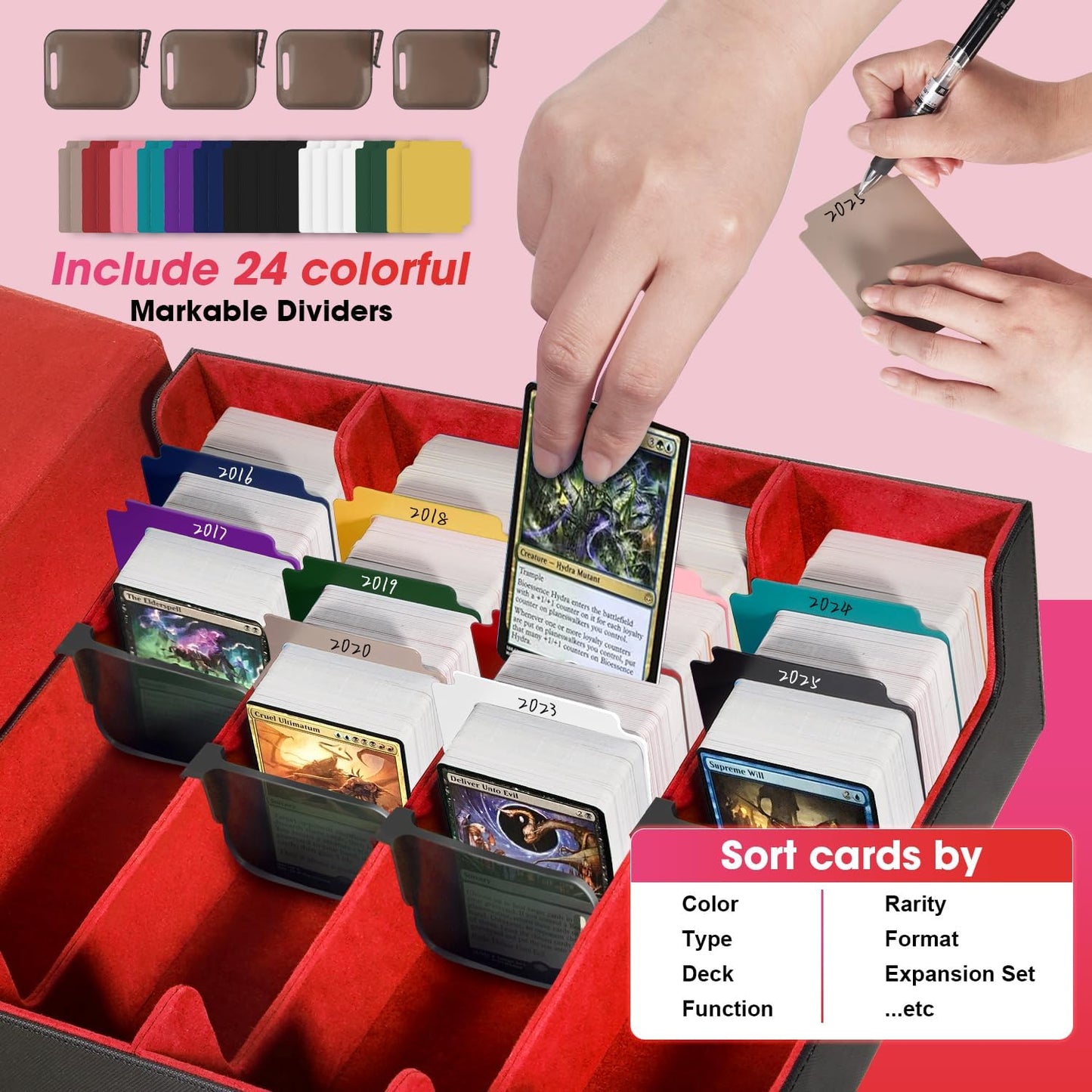 Card Organizer Box, 3000+Trading Card Storage Box, PU Leather Card Organizer Box With 24 Dividers, Magnetic Closure, 4 Supporters, Card Holder Box For Game Sports Card,Red