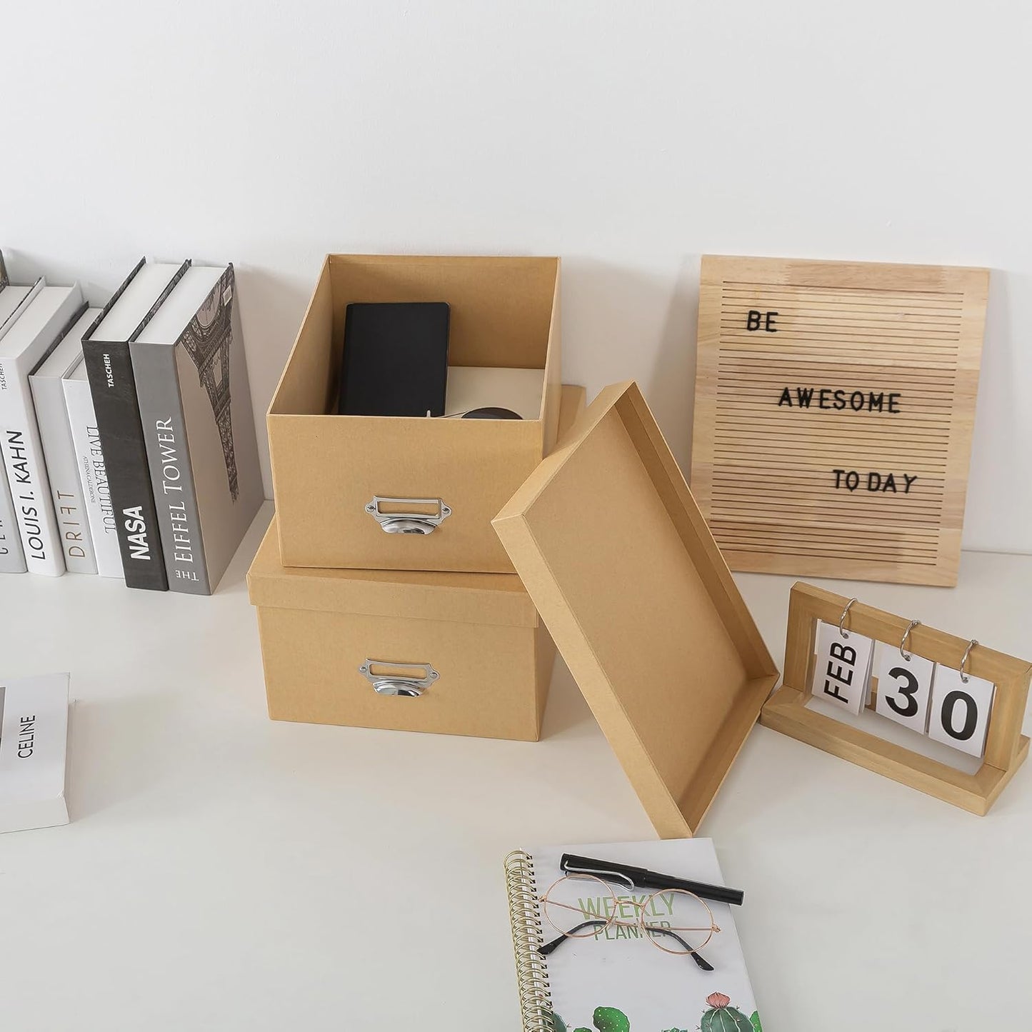 Soul & Lane Kraft Decorative Cardboard Storage Boxes with Lids, Set of 2 Stacking Keepsake Photo and Memory Boxes for Home & Office, Elegant Paperboard Organizers with Label Holders and Drawer Pulls