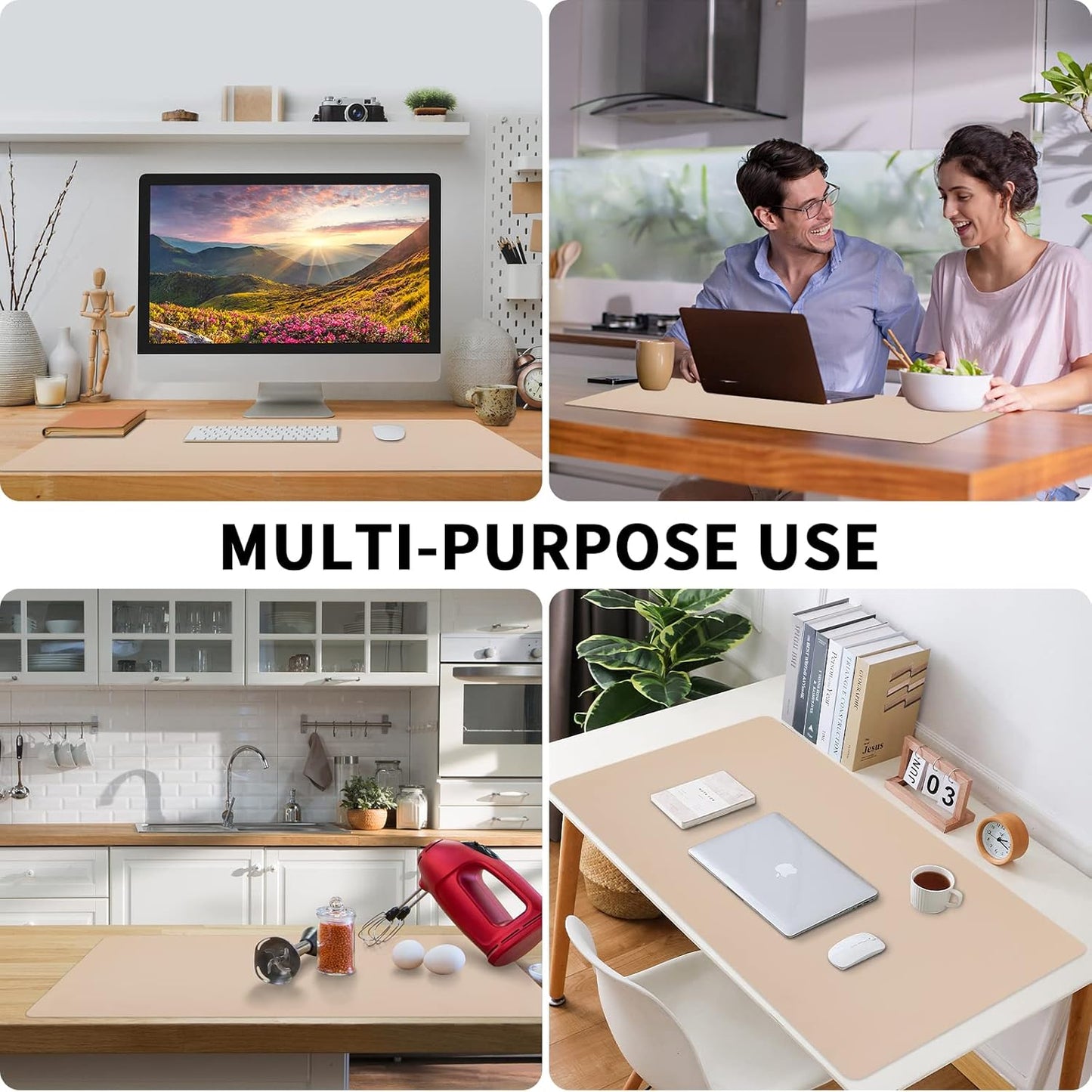 Leather Desk Pad, Large Mouse Pad, Leather Desk Blotter, Non-Slip Desk Pad Protector, Office Desk Pad, Waterproof Desk Mat for Home Office and Decor - Beige (35.4×15.7 Inches)