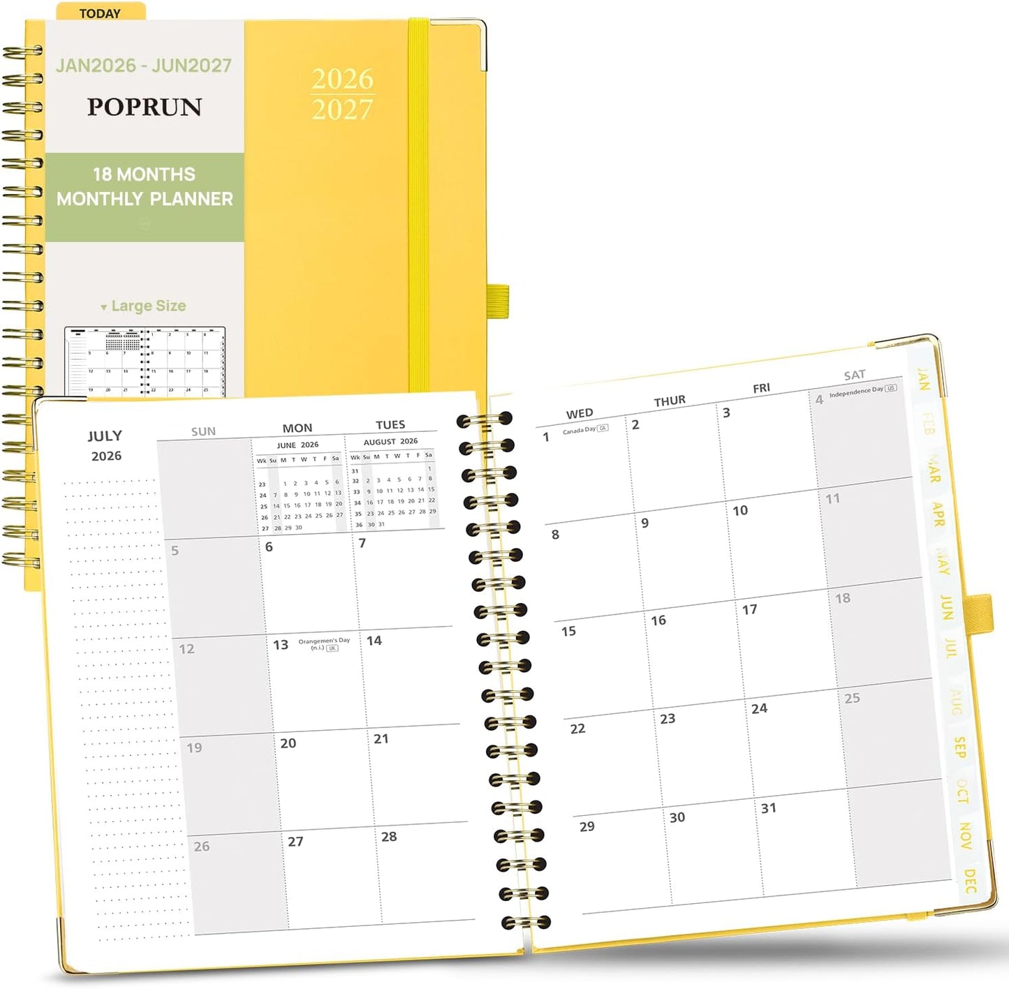 POPRUN Monthly Planner 2026-2027 Spiral Hardcover (8'' x 10''), 18 Months Calendar (Jan.2026-Jun.2027) - 2 Pages per Month with Dotted Note Pages, Sunday Start, Laminated Tab - Light Yellow