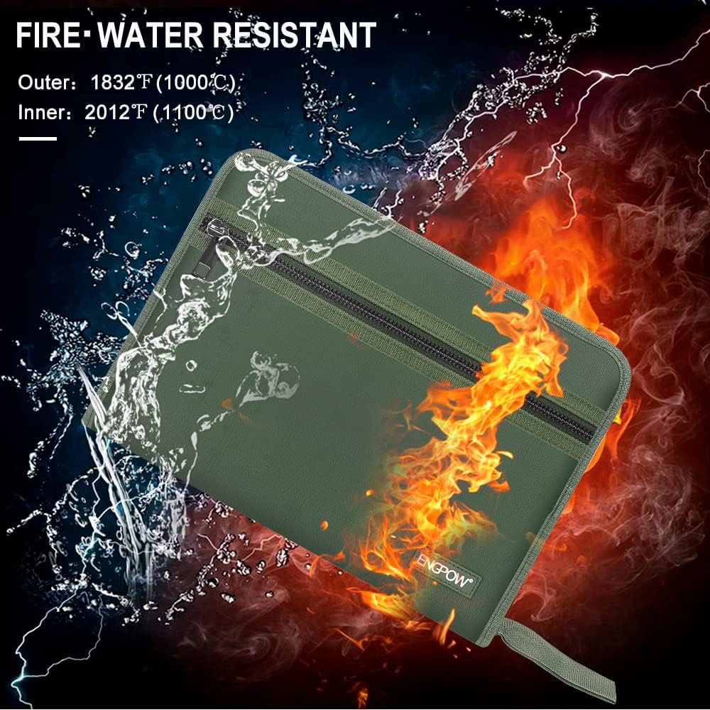 ENGPOW 13 Pocket Expanding File Folder,Fireproof Accordion File Folder Document Organizer with Zipper Closure,Document Folder Safe with Colorful Tabs,A4 Letter Size for Travel,Home,Office,Green