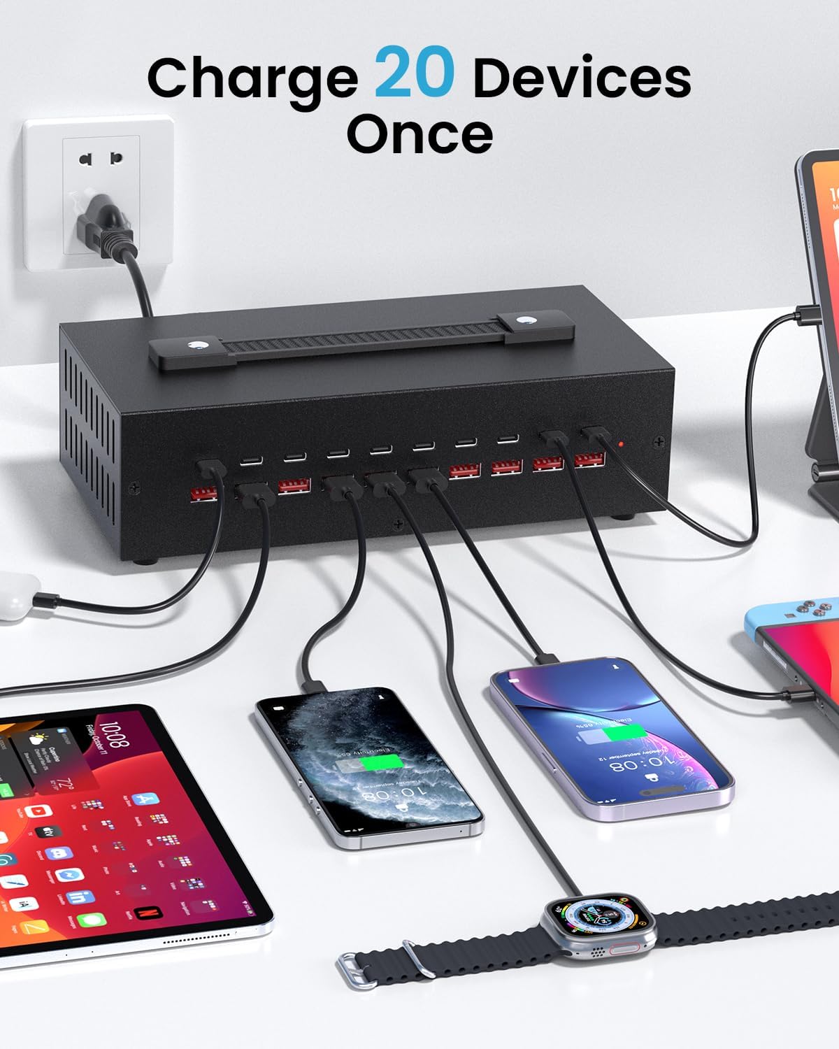 200W USB~c Charging Station, 20 Port (10 USB A & 10 USB~C Port) USB Charger Block, Fast Charging Station for Multiple Devices, Desktop Charger Compatible for iPhone, iPad, Tablets
