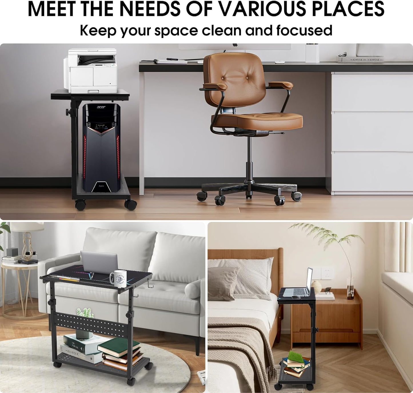 KEBE Wider Tower Stand, Height Adjustable Computer Tower for Gaming Home Office, 2-Tier PC Stand Printer Rack ATX-Case CPU Holder Cart with Wheels & Mouse Pad, Black