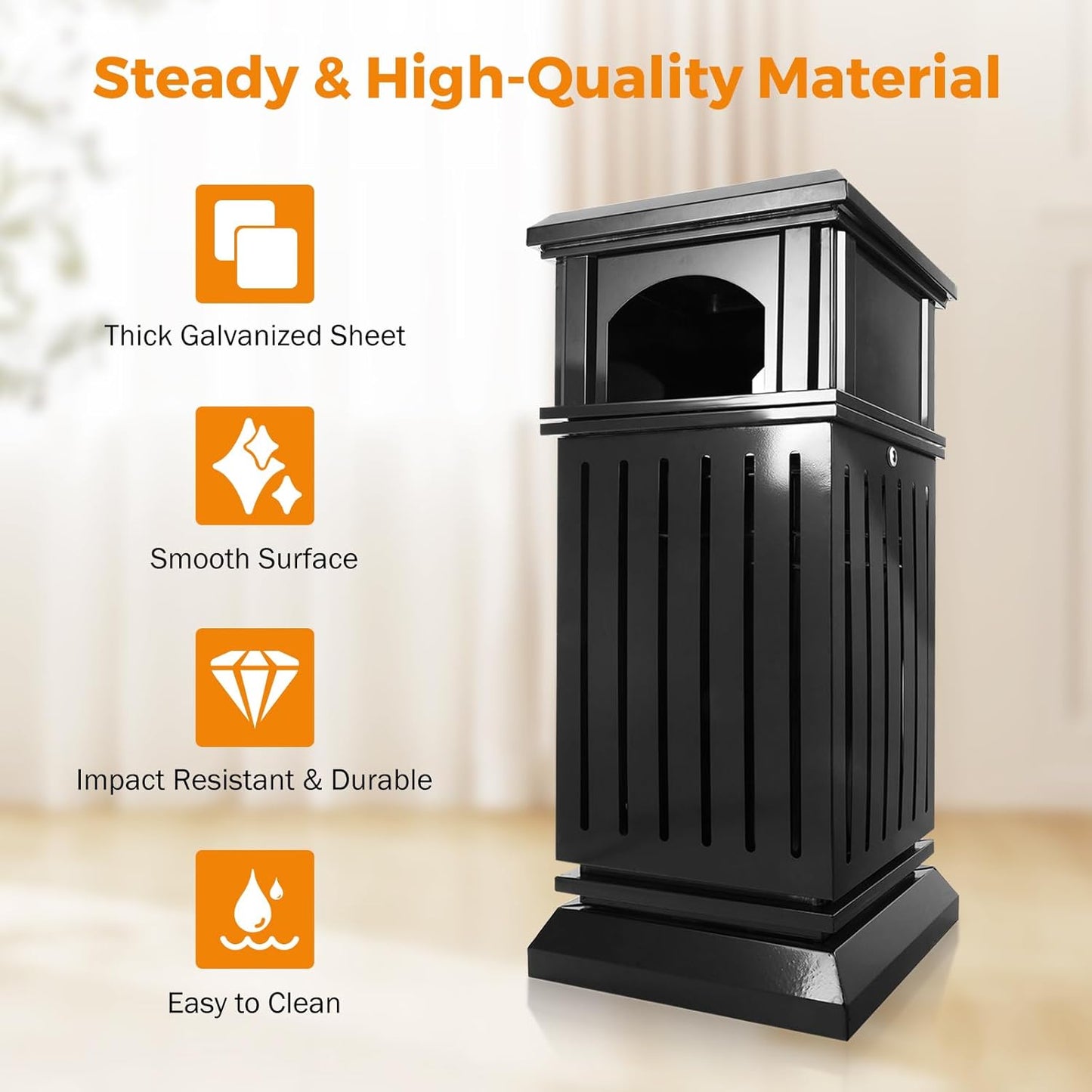 BEAMNOVA Trash Can Outdoor Top Tray Black Stainless Steel Commercial Garbage Enclosure with Locking Lid Heavy Duty Industrial Yard Garage Waste Container, 35.5 * 15.8 * 15.8 in