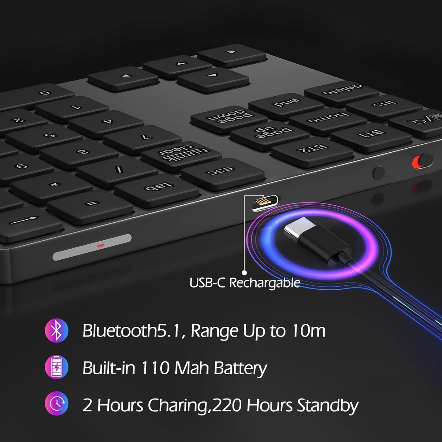 Foloda Bluetooth Number Pad for Laptop, Wireless 10 Keys USB Number Keypad, Rechargeable Numeric Keypad Numpad Extensions Data Entry Keyboard for PC iMac MacBook Notebook