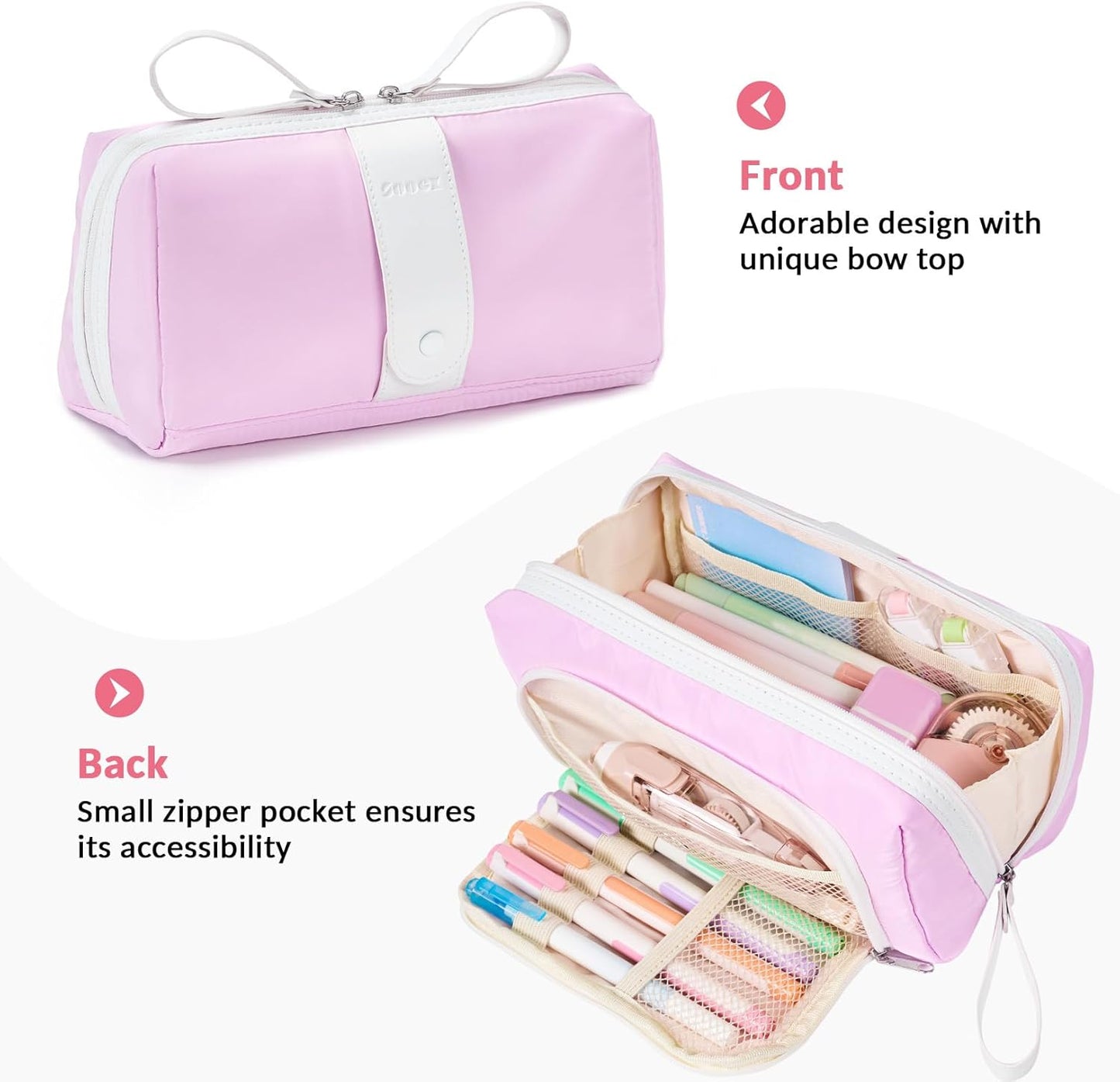 Sooez Big Capacity Pencil Case, Extra Large Pencil Pouch with Zipper Pocket, Wide Opening Pencil Bag, Portable Stationery Organizer, Cute Aesthetic School Office Supplies for Teens Girls Adults, Pink