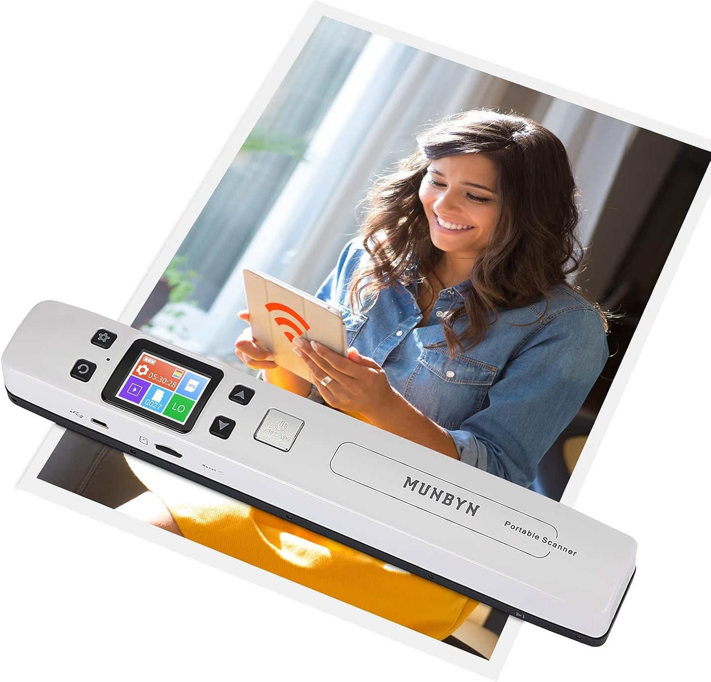 MUNBYN Portable Scanner, Photo Scanner for Documents, Pictures, Texts at 1050 DPI, Flat Scanning, Includes 16GB SD Card, Uploads Images to Computer via USB or Built-in Wi-Fi, No Driver Needed White