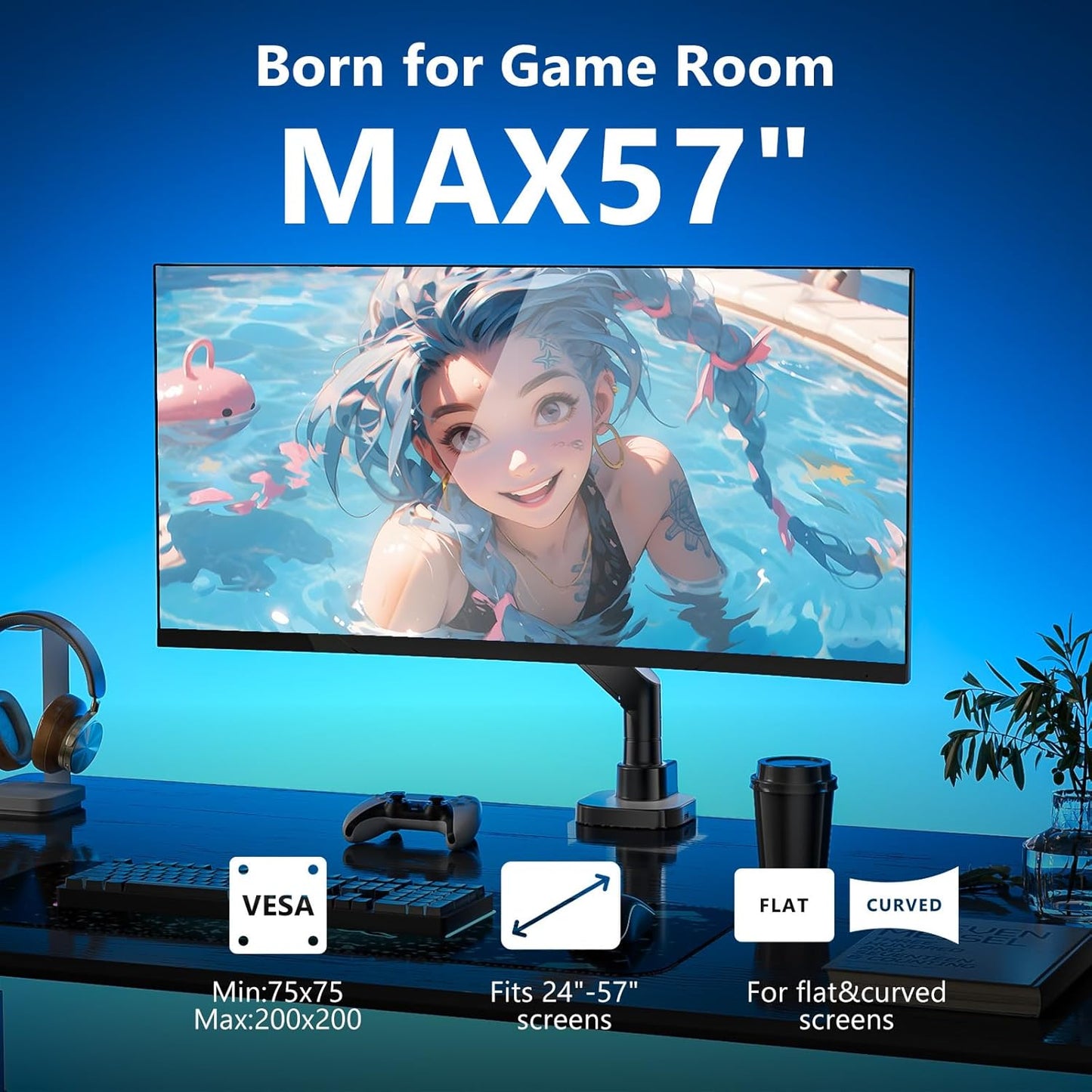 WALI 24-57" Monitor Arm, Heavy Duty Gas Spring Desk Mount for Ultrawide Flat and Curved Screen Up to 59.4lbs, VESA 75x75 to 200x200 (GSMU001XL-P), Black