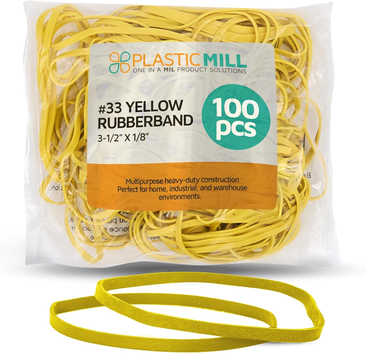 Plastic Mill Rubber Bands Thick Size #33 | Yellow Durable RubberBands 100 Count /pack | 3 1/2 x 1/8" Multi-Purpose Band | Elastics large Long Rubber for Office Supply, File Folders, box, Books, gifts, Notebook|
