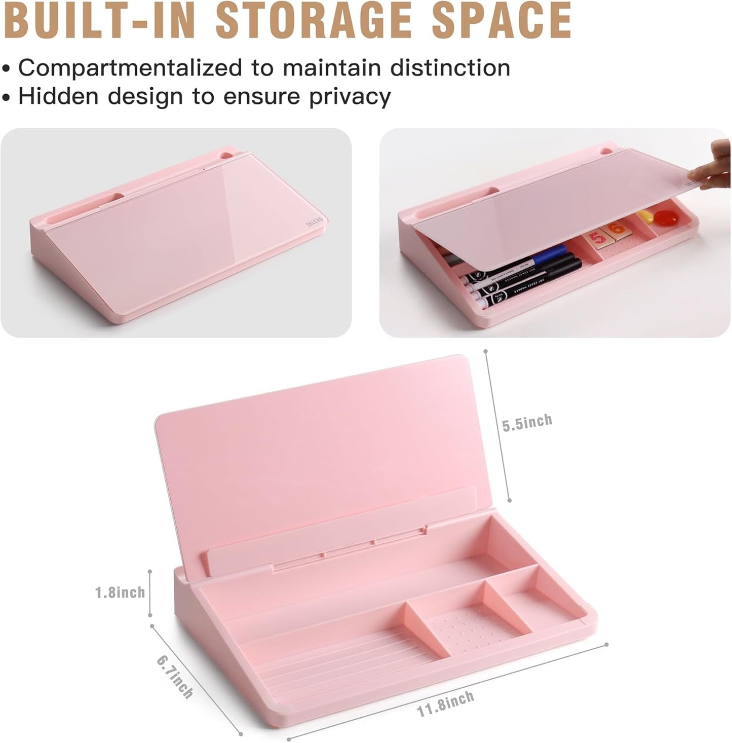 SELEAD Desktop Glass Whiteboard with Storage, Small Dry Erase White Board Computer Pad Keyboard Stand for Home, School, Office Desk Accessories - Pink