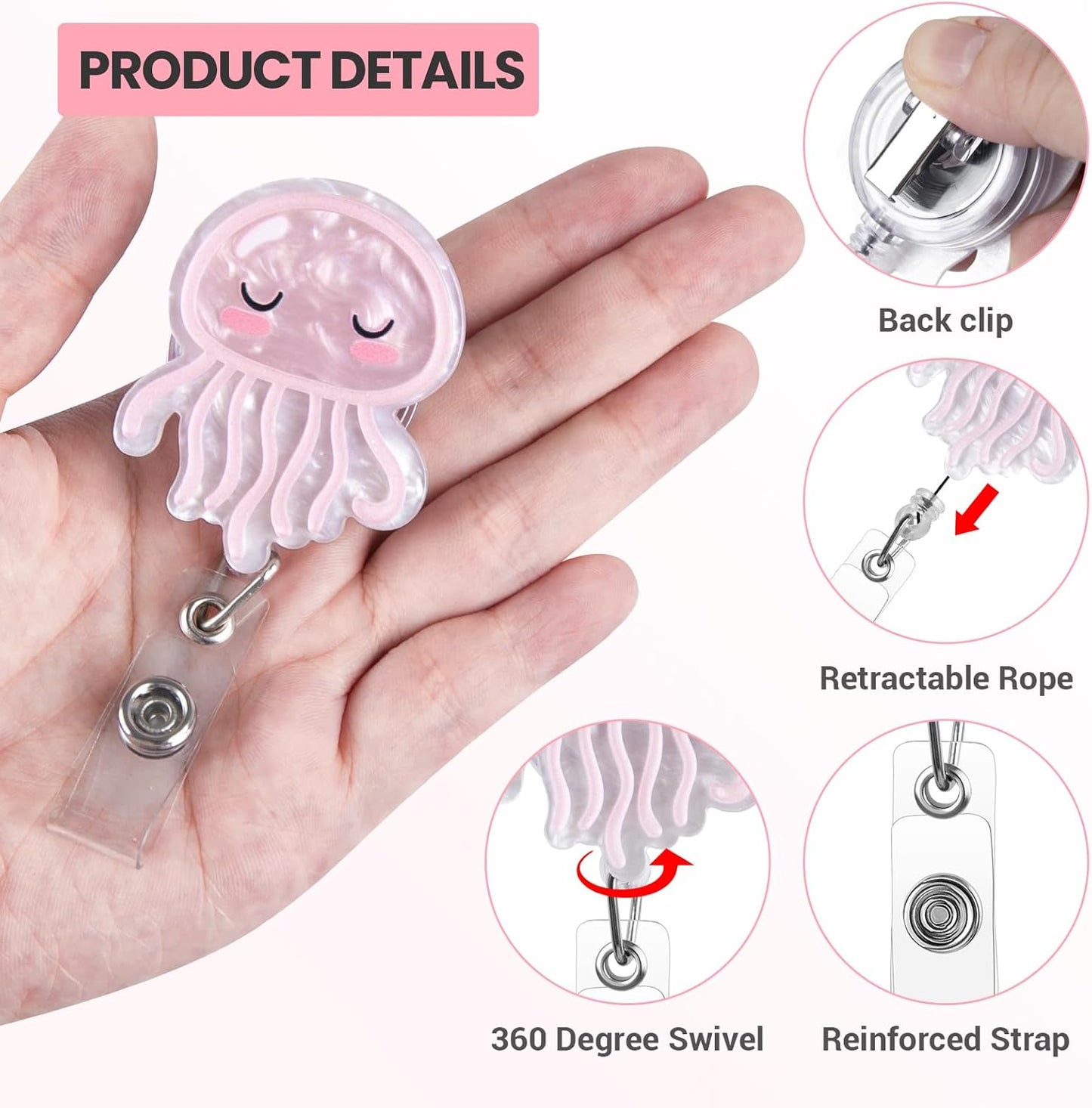 Pink Jellyfish Badge Reel, Cute Badge Holder, Funny Nurse Name Reel with Retractable Clip, Medical Worker ID Card Holders, Pediatric Nursing Accessories for Nurse Doctor Student Teacher Office