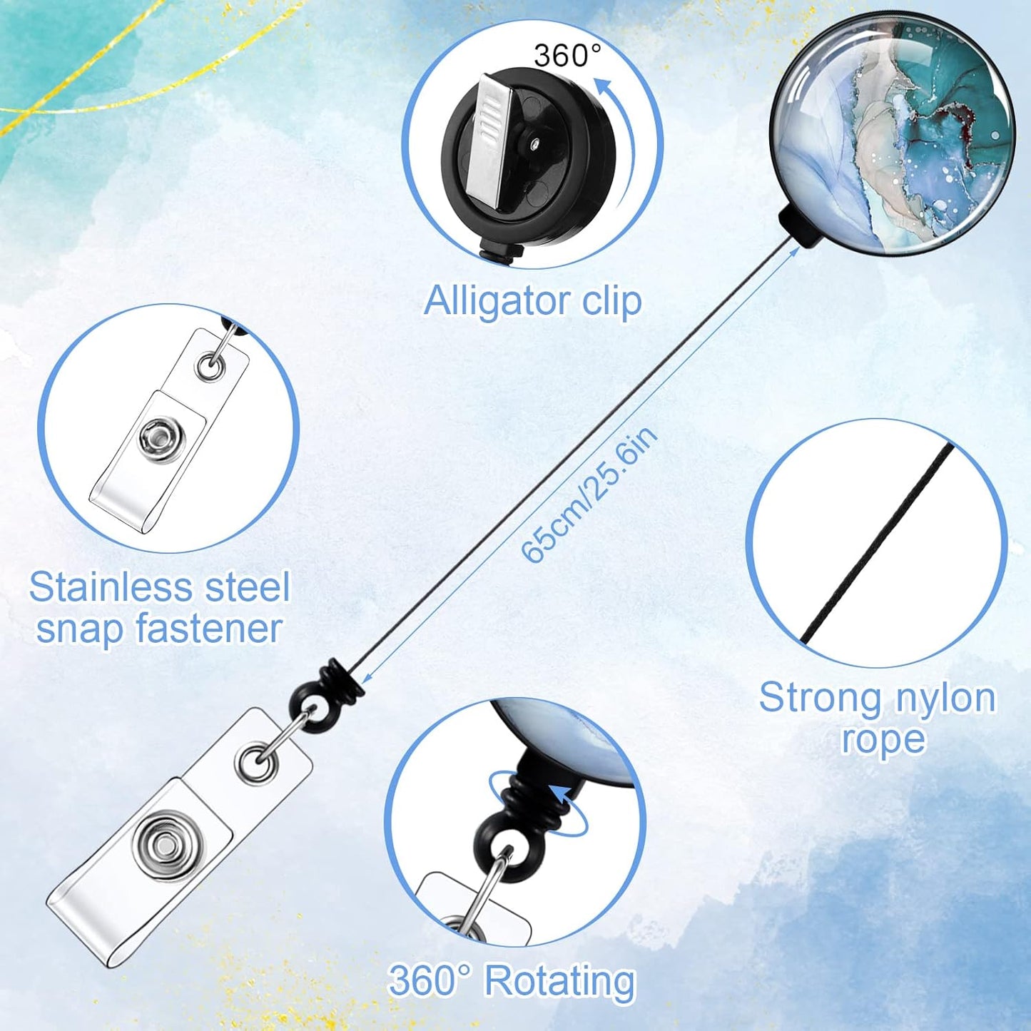 Fainne 15 Pieces Funny Badge Holders for Nurses Retractable Decorative Badge Reels with Alligator Clip for Nurse Week Gift Doctors Teachers(Marble Style)