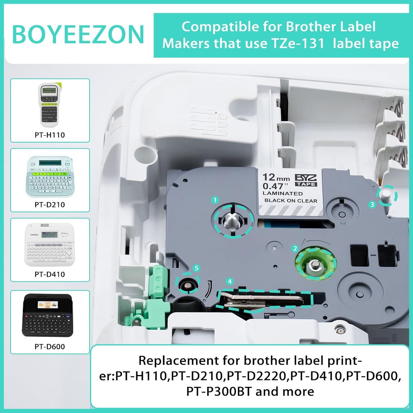 BOYEEZON TZe/TZ Tape 12mm 0.47 Laminated Clear Replacement for Brother Ptouch TZe-131 Laminated Black on Clear Label Tape for Brother Label Maker PT-D210, PT-D220, PT-H110, PT-D400, 5-Pack