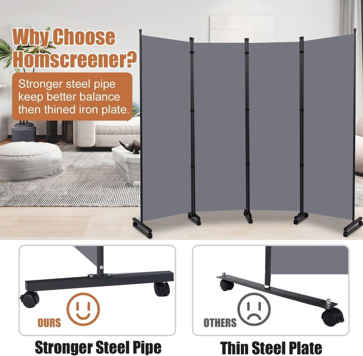 Room Divider Portable 88'' Partition Room Dividers and Folding Privacy Screens 4 Panel Wall Divider for Room Separation，Freestanding Fabric Room Divider Panel with Wheels for Home Office Hospital