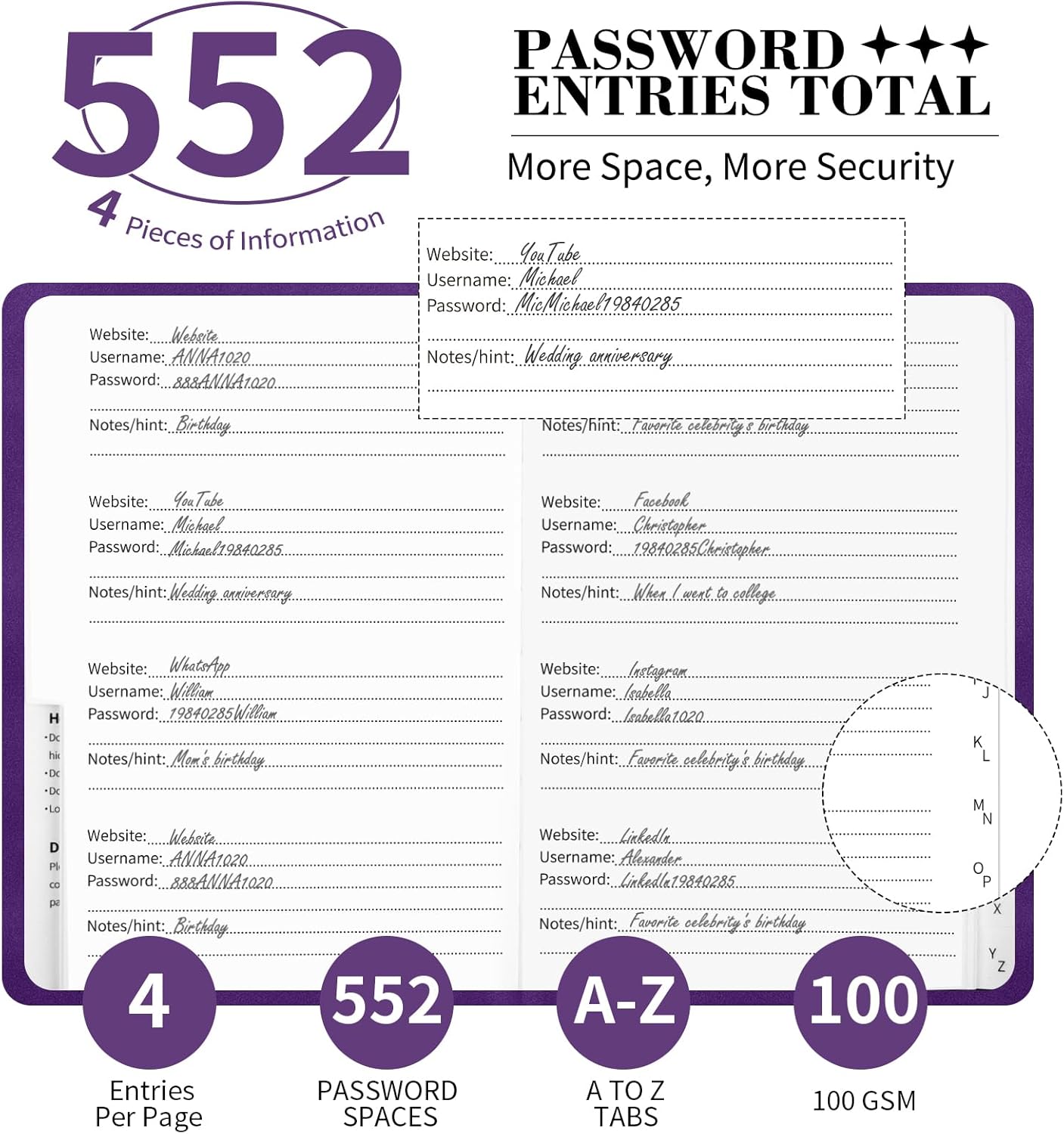 Password Book with Alphabetical Tabs, 5.4"x7.8"Password Keeper Book, 160 Pages/100GSM Hardcover Notebook, Password Organizer for Internet Website Address Login