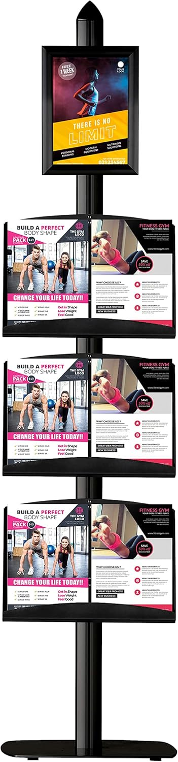 M&T Displays Free Standing Magazine Brochure Document Sign Holder Literature Racks Stand Aluminum Body Black 8.5x11 Inch Snap Poster Frames and 3 Pcs Steel Shelves with 6x(8.5x11) Display Capacity