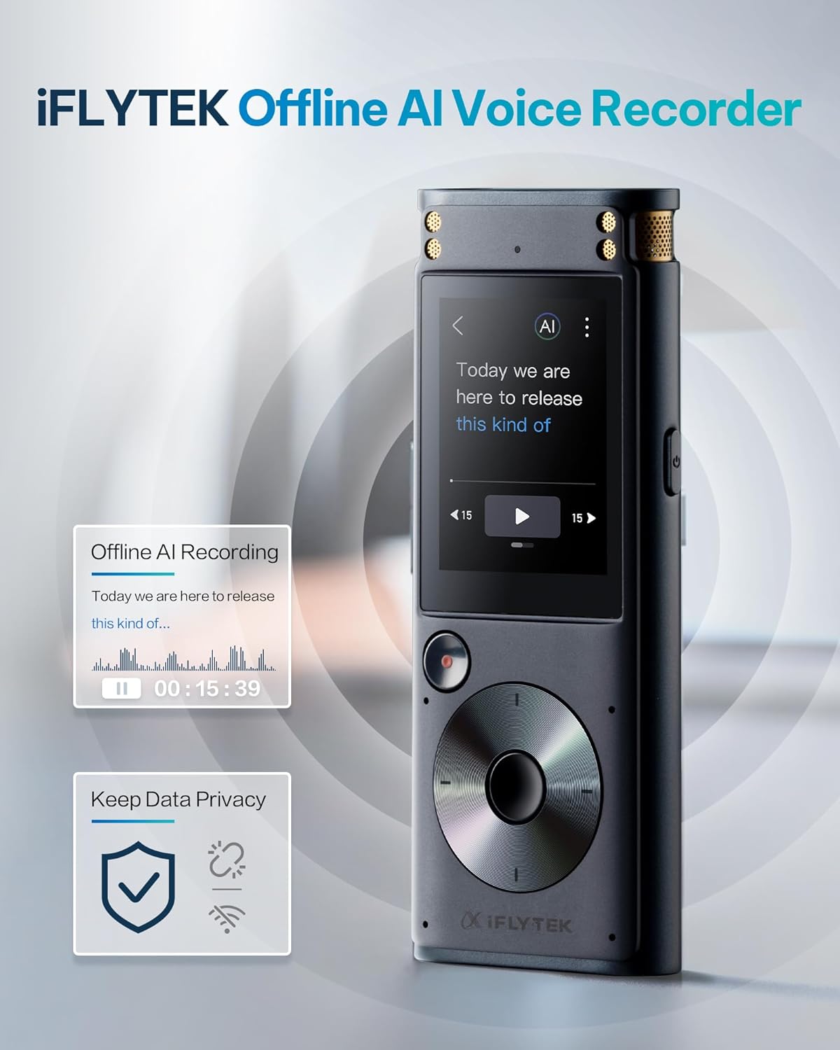 iFLYTEK Offline Voice Recorder with Playback, Secure Digital Recorder with AI Transcription, 5-Language Voice-to-Text, Noise Reduction, AI Voice Recorder for Meetings, Interviews, Learning (Renewed)