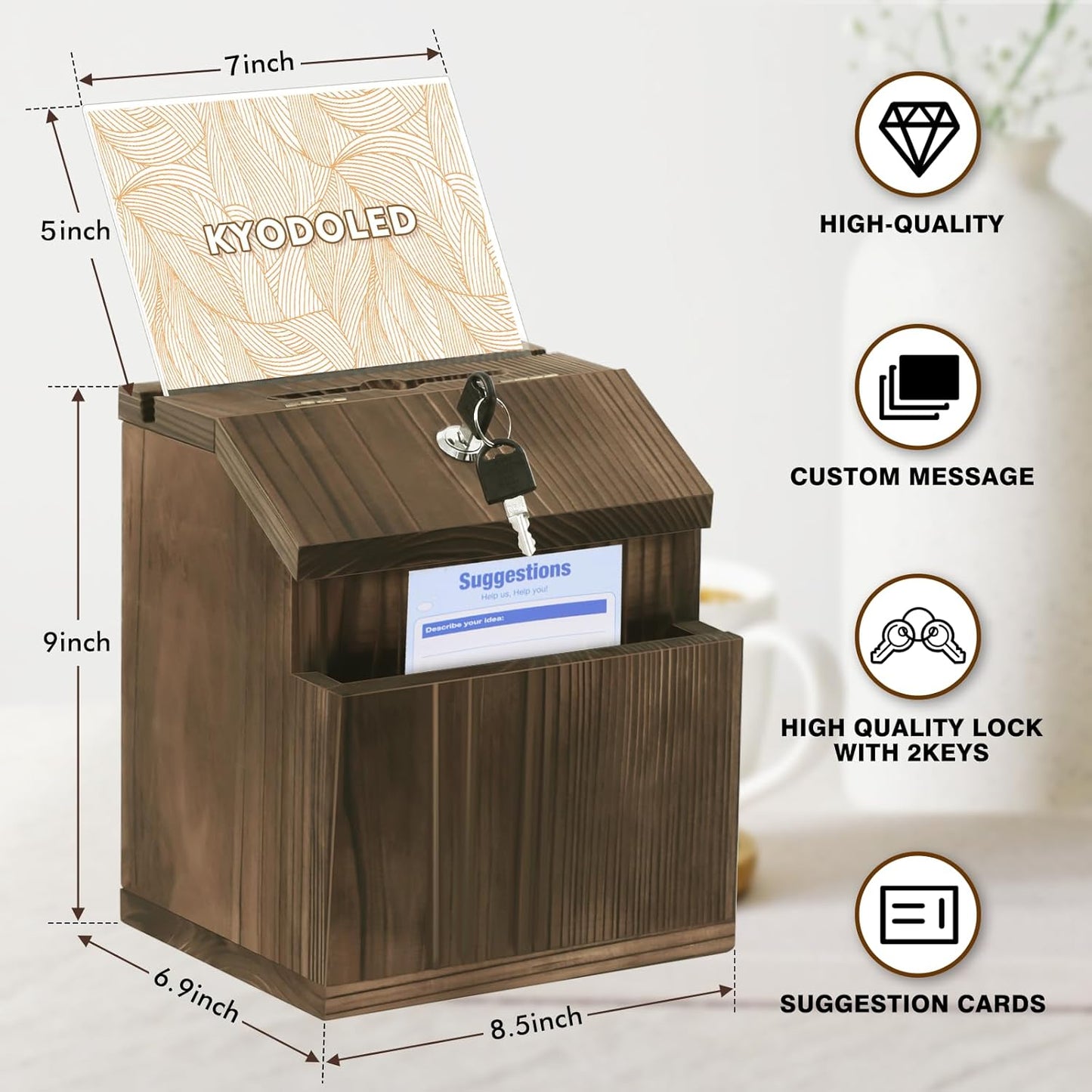 KYODOLED Wood Suggestion Box with Lock Wall Mounted, Rustic Ballot Donation Key Drop Box with Clear Acrylic Sign Holder and 30 Free Suggestion Cards 9H x 6.9W x 8.5L Inch