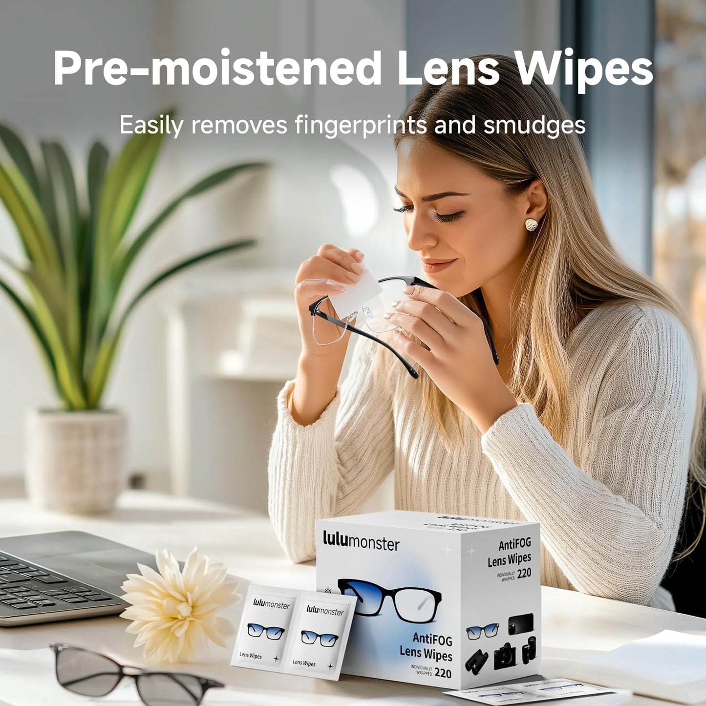 220 Count Anti Fog Lens Wipes for Eyeglasses, [Pre-Moistened Individually Wrapped Wipes] [Non-Scratching & Non-Streaking] Cleaner Wipes for Glasses, Sunglass, Phone Screen Camera Lens, Goggles