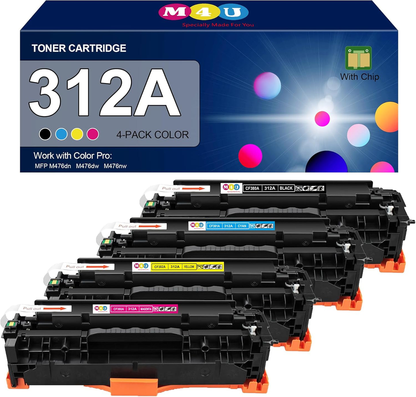 312A Remanufactured Toner Cartridges 4 Pack (with Chip) Replacement for 312A Toner Cartridge Color Laser Pro MFP M476 Series M476dn M476dw M476nw Printer (Black, Cyan, Magenta, Yellow)