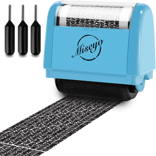 Miseyo Wide Identity Theft Protection Roller Stamp Set - Blue (3 Refill Ink Included)