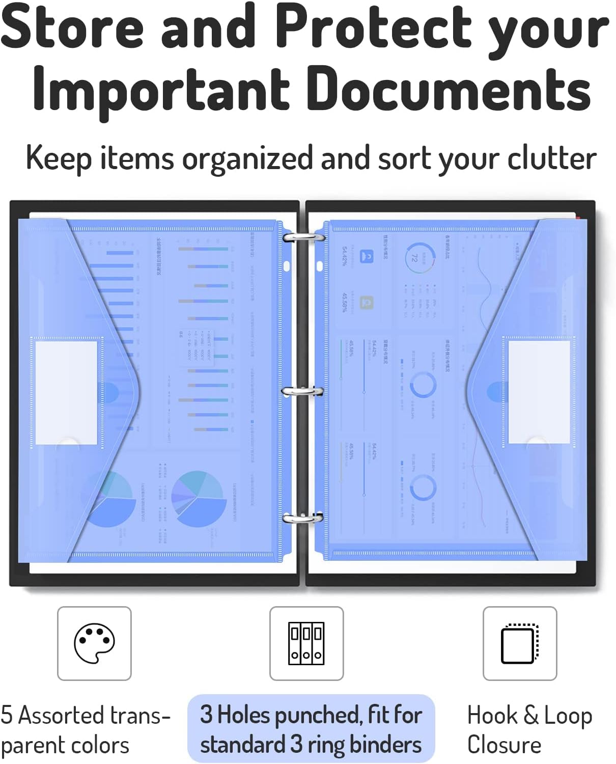 Forvencer Binder Pocket, 5 Pack Super Heavyweight Poly Binder Pocket with Tight Closure, Binder Folders Side Loading, 3 Ring, Binder Dividers with Pockets, Letter Size, Assorted Colors