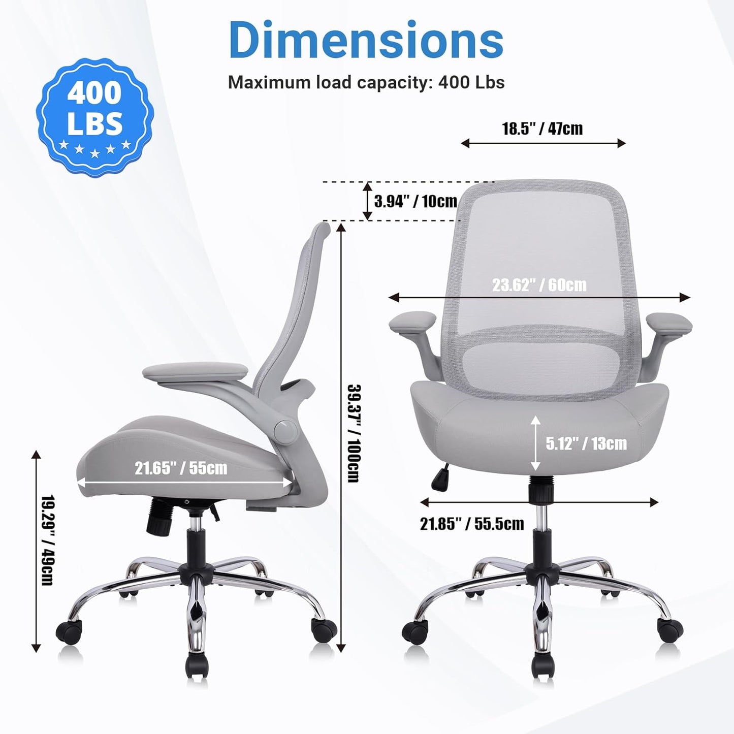 HYLONE Heavy Duty Office Chair, 5" Thickened Seat Ergonomic Desk Chair with Adjustable Armrests, Home Office Computer Chairs for Long Hours Mesh Executive Chair(Grey)