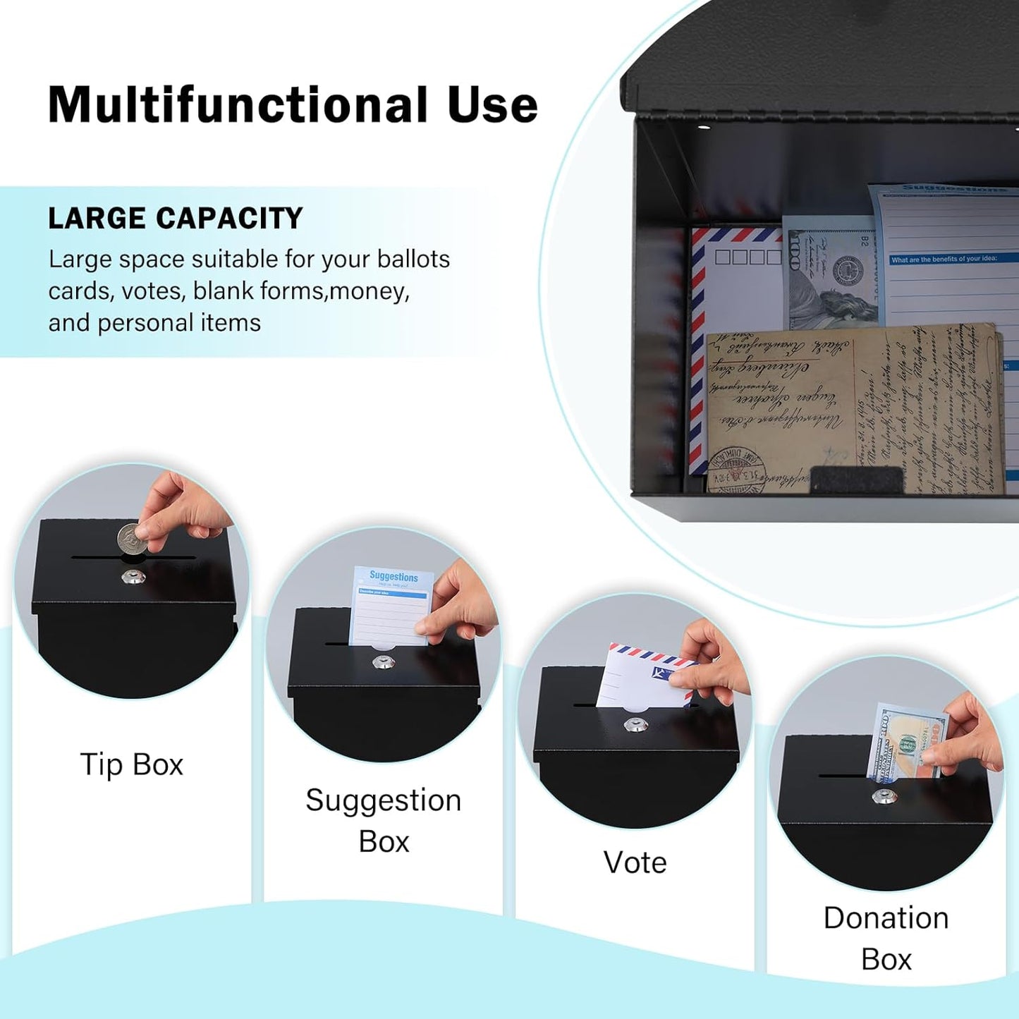 xydled Wall Mounted Ballot & Donation Box with 50 Suggestion Cards, Metal Suggestion Box with Key Lock, Collection Box, Black, 8.7"x 5.9"x7.1"