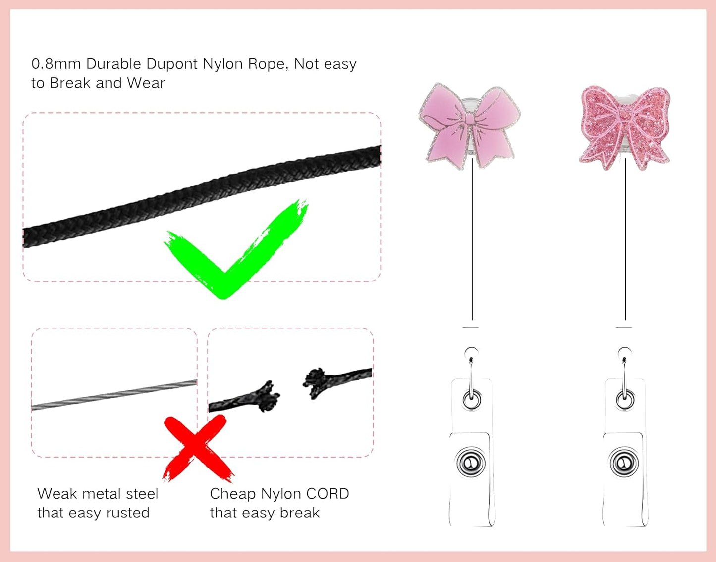 2Pcs Pink Bow Badge Reel for ID Card Badge,Retractable Badge Holder Alligator Clip Accessories for Nurse,RN LPN CNA MA Medical Worker Accessories,Nursing Student,Teacher