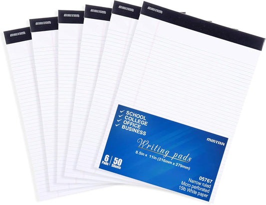Mintra Office Legal Pads - ((BASIC WHITE 6pk, 8.5in x 11in, NARROW RULED))