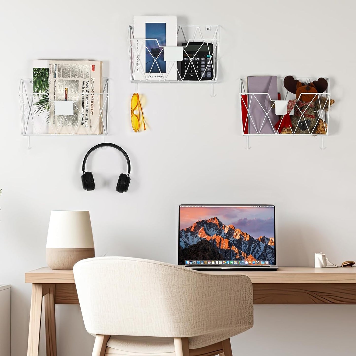 Wall File Holder 6 Pockets Hanging Wall File Organizer, for Papers, Files Clipboard & Magazine Organizer, Wall Mount File Holder Rack for Office Home, White