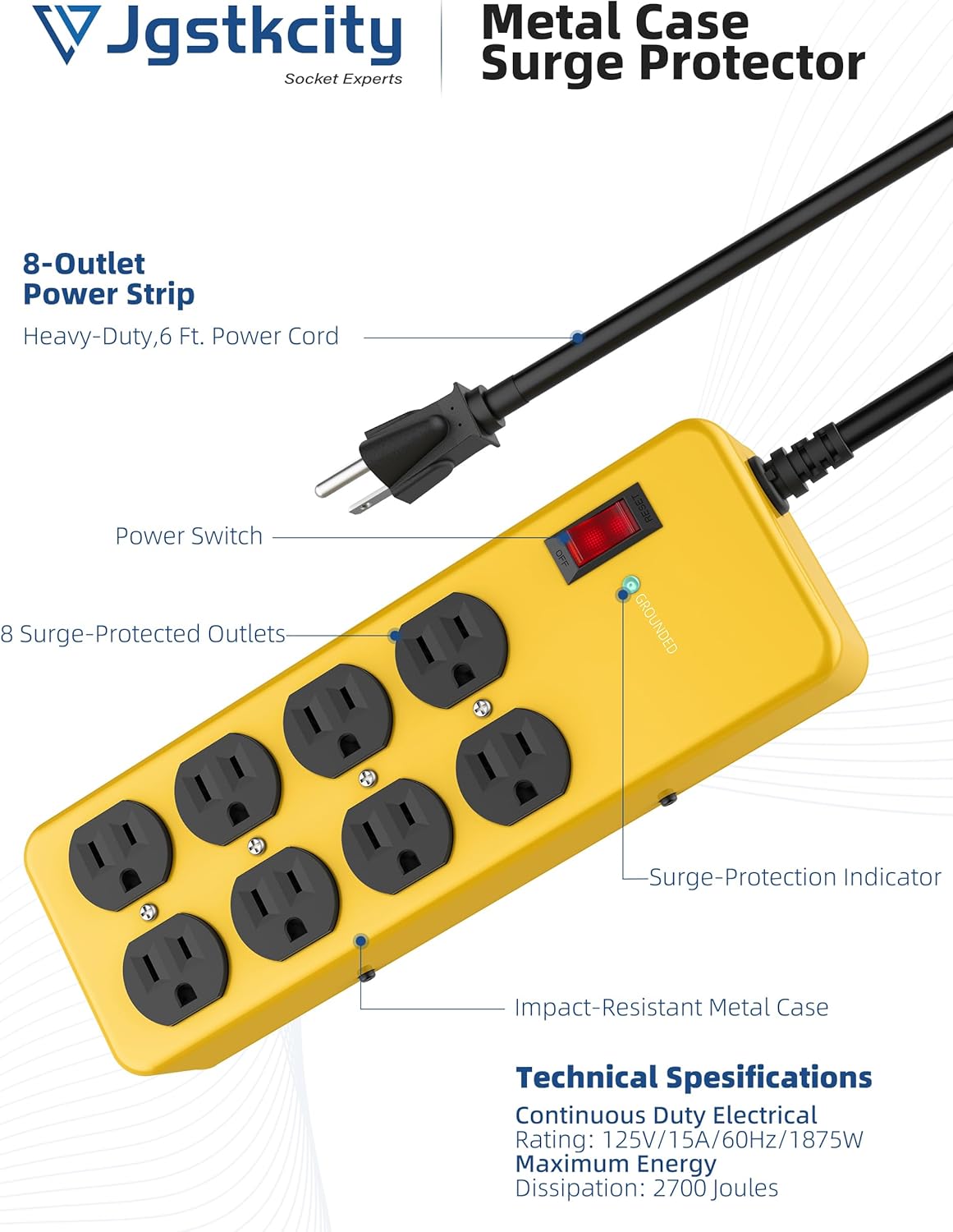 Heavy Duty Power Strip,Industrial Heavy Metal Case Surge Protector,8 AC Outlets,15Amp,2700 Joules,Protected' Indicator,14 Gauge Cord (Yellow, 6FT Length)