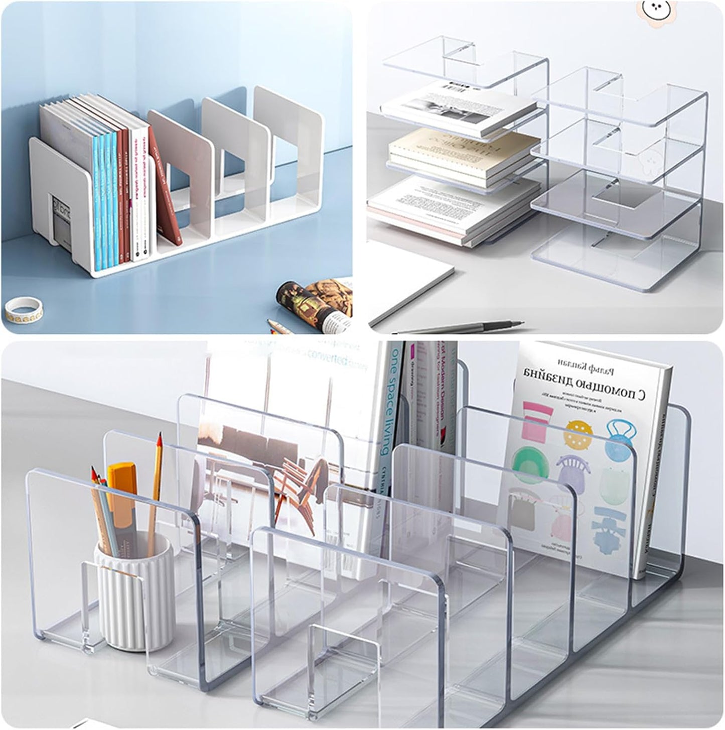 2PCS Acrylic File Organizer for Desk, Desktop Document/Mail Organizer, 4 Compartments Plastics Invisible Bookshelf Floating (12.5" x 5.7" x 5", Clear)
